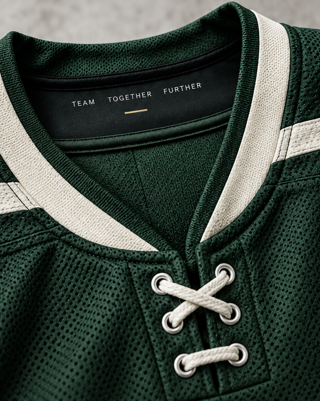 Close up of a green hockey jersey’s cream trimmed neckline and laces, with Team Together Further inside the collar.