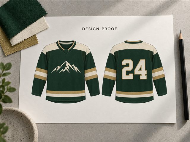 Example jersey design proof with front and back views and green, cream and gold swatches