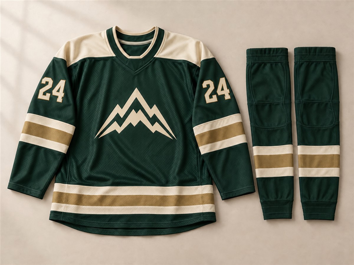 Illustrative green and cream hockey jersey with a mountain crest and matching striped socks.