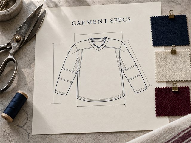 Example garment specification drawing beside navy, ivory and burgundy material swatches
