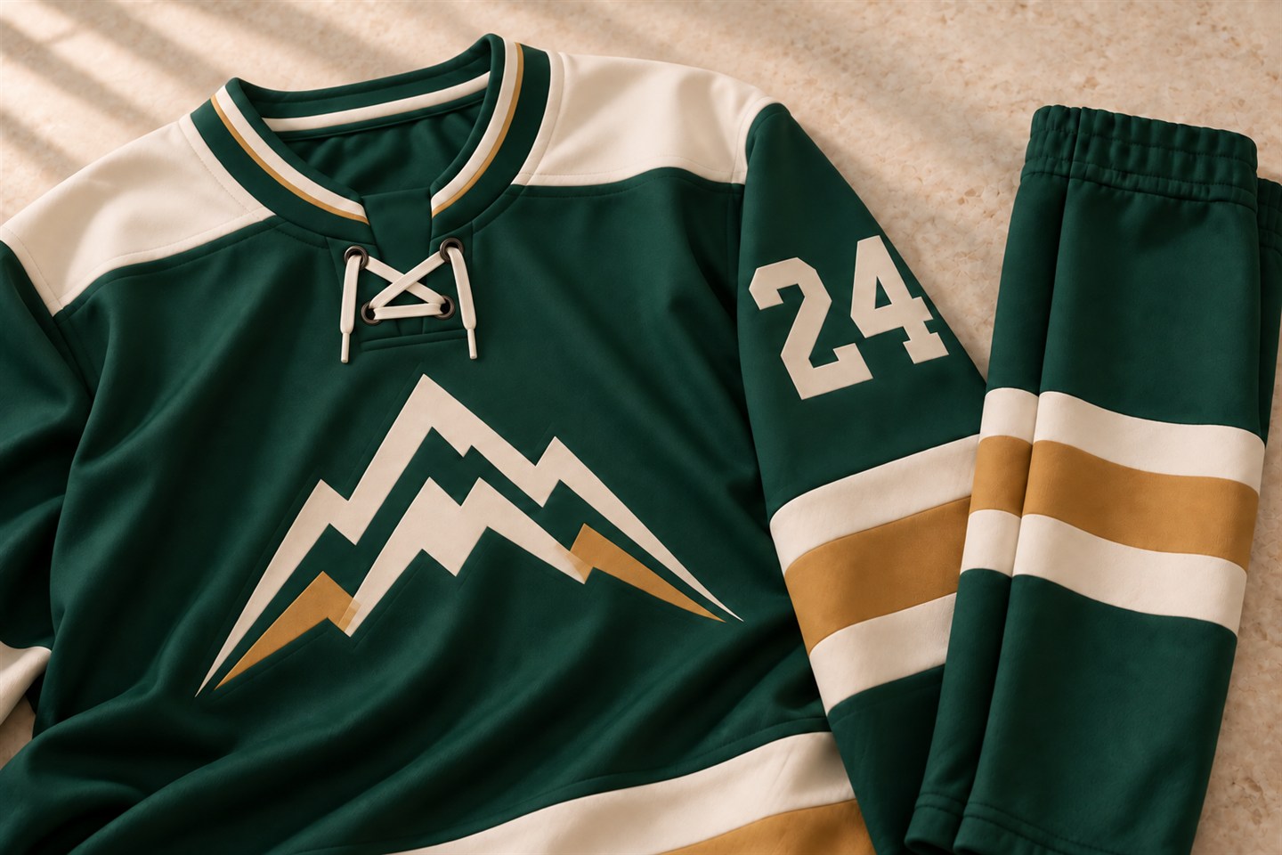 Forest green hockey jersey and matching socks, with flat cream and gold graphics flowing through the mesh fabric.