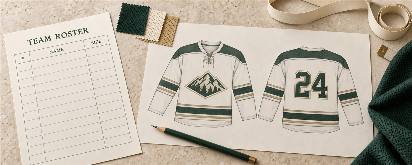 Blank team roster beside front and back jersey sketches, green, cream and gold fabric swatches, a pencil and measuring tape.