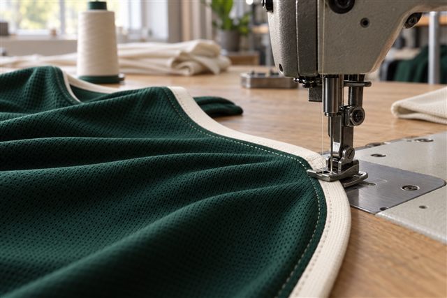 Illustrative sportswear construction scene with jersey binding at an industrial sewing machine