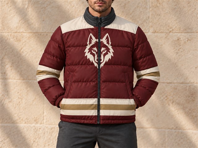 Matching burgundy, cream and gold quilted puffer worn by a model.