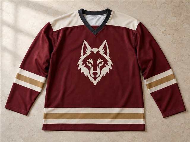 Burgundy hockey jersey with cream shoulders, a flat wolf graphic and gold sleeve and hem bands.