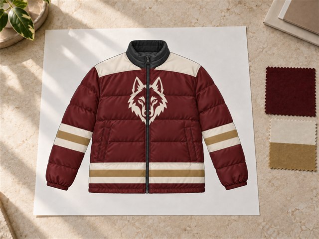Printed design proof of the matching burgundy quilted puffer with cream wolf and gold bands.