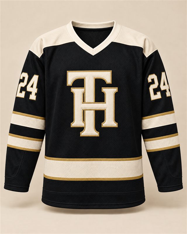 Black, ivory and muted gold number 24 hockey jersey with an original stitched TH monogram