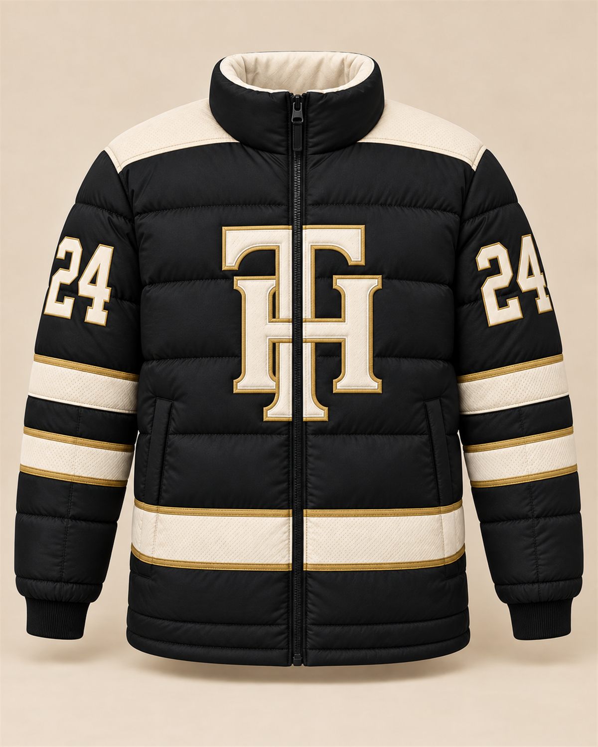 Illustrative matching black puffer with ivory and gold monogram, stripes and number 24.