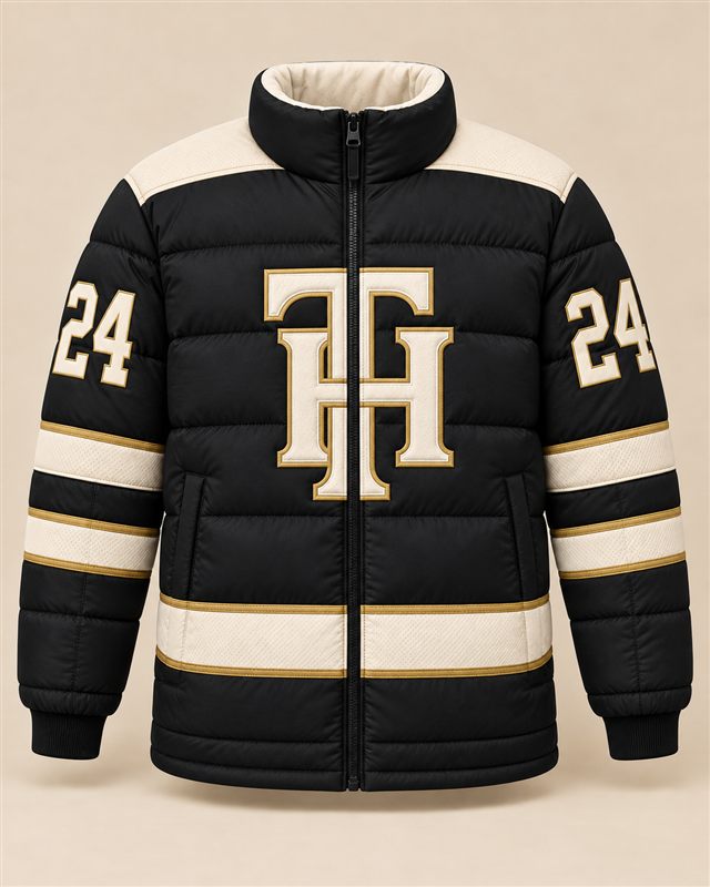 Matching black puffer with the same ivory and gold TH monogram, shoulder panels, stripes and number 24