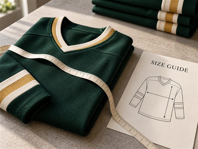 Example size guide and measuring tape beside a folded green hockey jersey