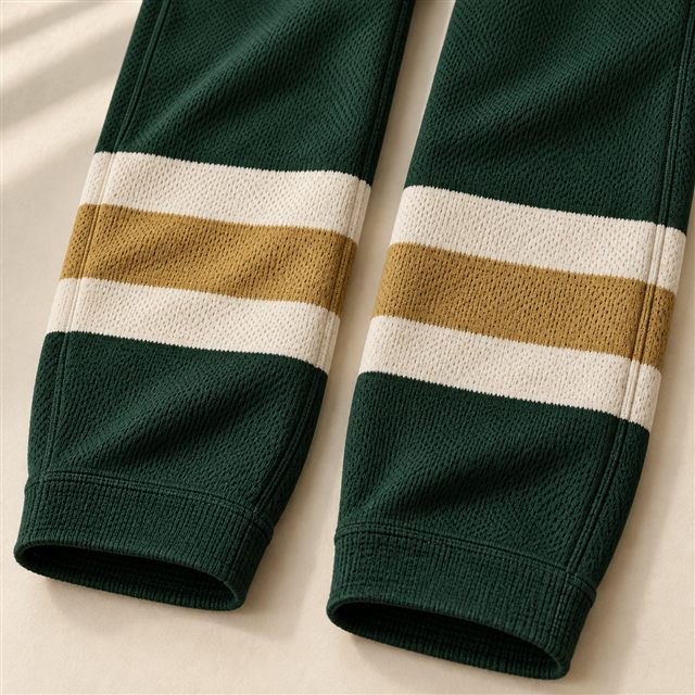 Matching cream and gold stripe bands on forest green hockey socks
