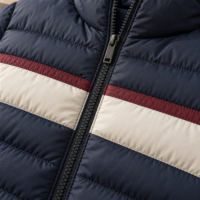 Dark zipper, matte quilted navy shell and ivory burgundy panel seams
